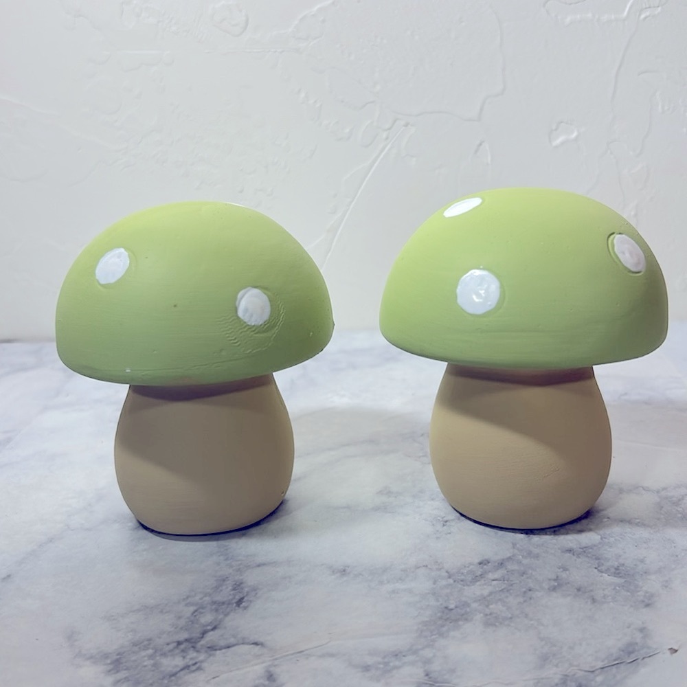 Lot of 2 Ceramic Mushrooms Green and White Polka Dot Tops for Display or…